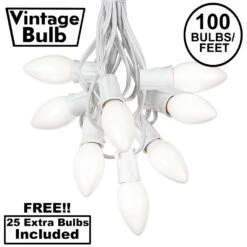 100 C9 Ceramic Christmas Light Set - White - White Wire