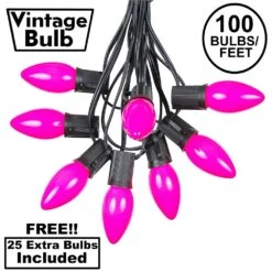 100 C9 Ceramic Christmas Light Set - Pink - Black Wire