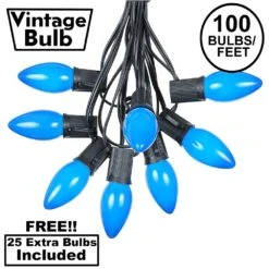 100 C9 Ceramic Christmas Light Set - Blue - Black Wire