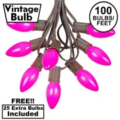 100 C9 Ceramic Christmas Light Set - Pink - Brown Wire