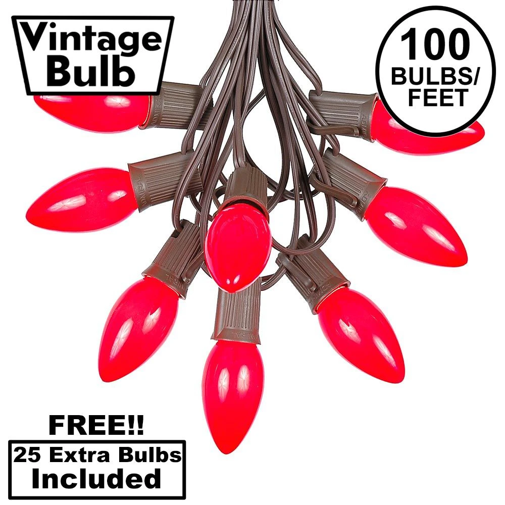 100 C9 Ceramic Christmas Light Set - Red - Brown Wire 1 100 C9 Ceramic Christmas Light Set - Red - Brown Wire
