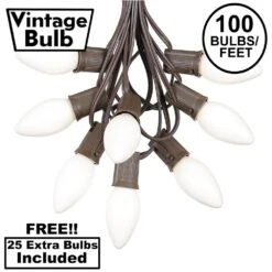 100 C9 Ceramic Christmas Light Set - White - Brown Wire