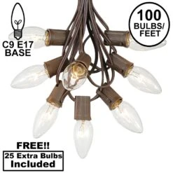 100 C9 Christmas Light Set - Clear Bulbs - Brown Wire