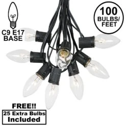 100 C9 Christmas Light Set - Clear Bulbs - Black Wire