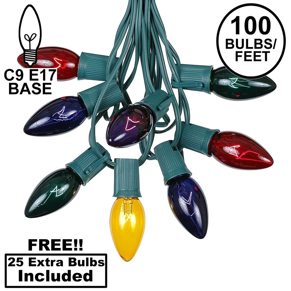 100 C9 Christmas Light Set - Assorted Bulbs - Green Wire 1 100 C9 Christmas Light Set - Assorted Bulbs - Green Wire