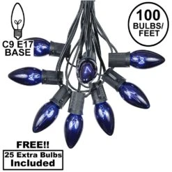 100 C9 Christmas Light Set - Blue Bulbs - Black Wire