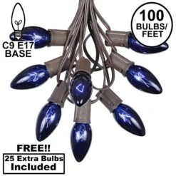 100 C9 Christmas Light Set - Blue Bulbs - Brown Wire