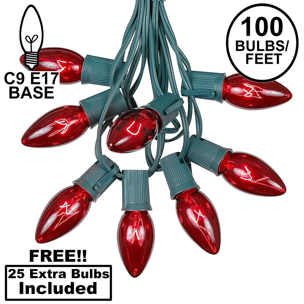 100 C9 Christmas Light Set - Red Bulbs - Green Wire 1 100 C9 Christmas Light Set - Red Bulbs - Green Wire