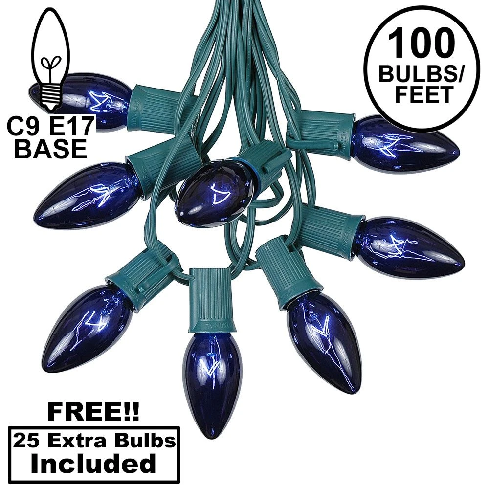 100 C9 Christmas Light Set - Blue Bulbs - Green Wire 1 100 C9 Christmas Light Set - Blue Bulbs - Green Wire