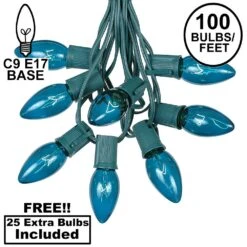 100 C9 Christmas Light Set - Teal Bulbs - Green Wire