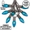 100 C9 Christmas Light Set - Teal Bulbs - Brown Wire