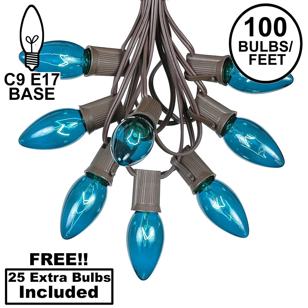 100 C9 Christmas Light Set - Teal Bulbs - Brown Wire 1 100 C9 Christmas Light Set - Teal Bulbs - Brown Wire