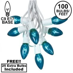 100 C9 Christmas Light Set - Teal Bulbs - White Wire