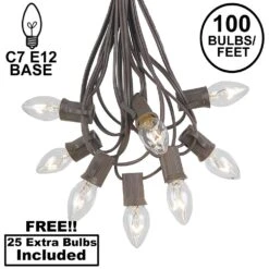 100 C7 String Light Set With Clear Bulbs On Brown Wire