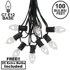 100 C7 String Light Set With Clear Bulbs On Black Wire