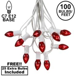 100 C7 String Light Set With Red Bulbs On White Wire