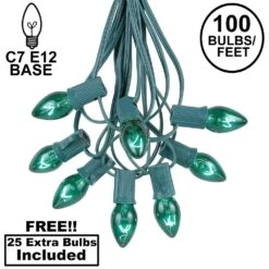 100 C7 String Light Set With Green Bulbs On Green Wire