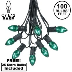 100 C7 String Light Set With Green Bulbs On Black Wire