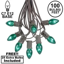 100 C7 String Light Set With Green Bulbs On Brown Wire