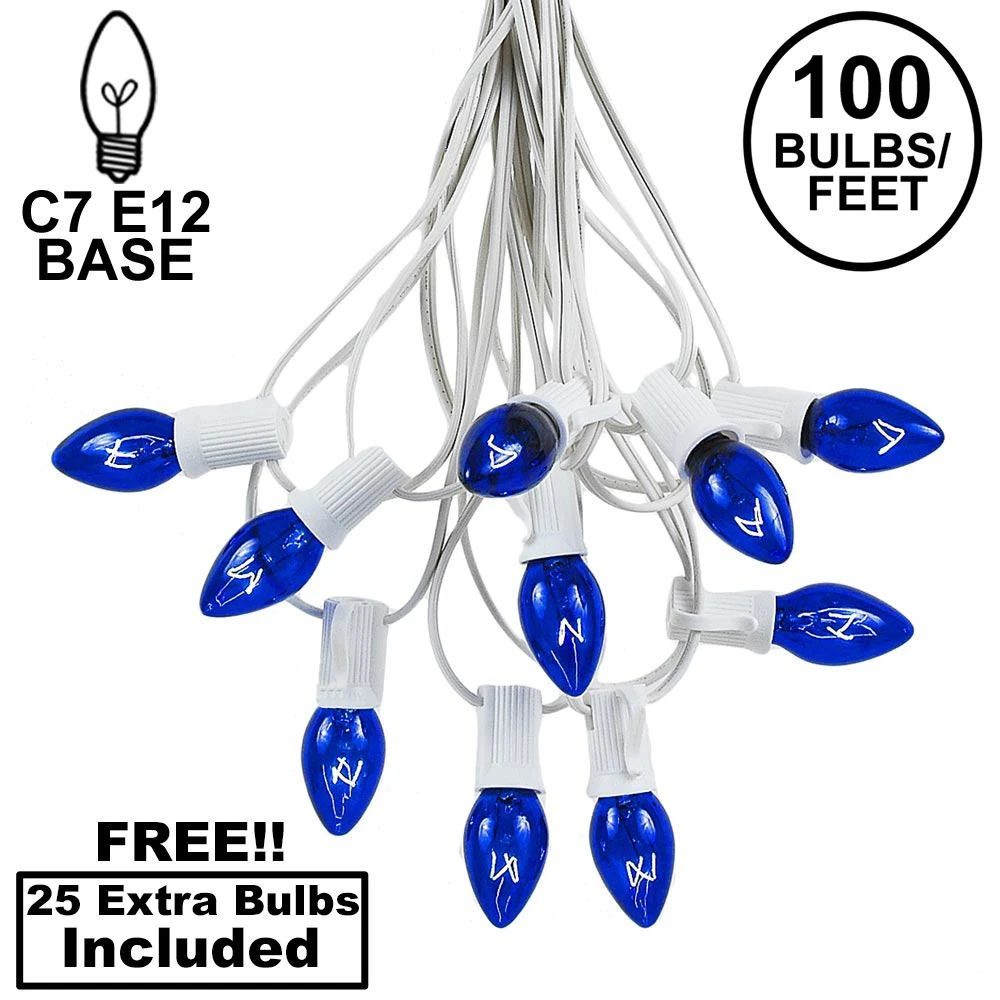 100 C7 String Light Set With Blue Bulbs On White Wire 1 100 C7 String Light Set With Blue Bulbs On White Wire