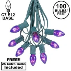 100 C7 String Light Set With Purple Bulbs On Green Wire