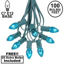 100 C7 String Light Set With Teal Bulbs On Green Wire