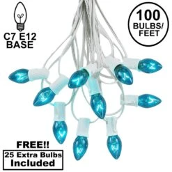 100 C7 String Light Set With Teal Bulbs On White Wire