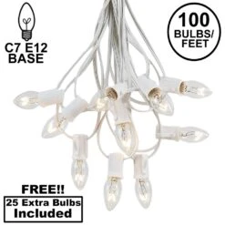 100 C7 String Light Set With Clear Bulbs On White Wire