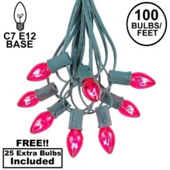 100 C7 String Light Set With Pink Bulbs On Green Wire
