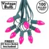 100 C7 String Light Set With Pink Ceramic Bulbs On Green Wire