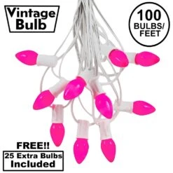 100 C7 String Light Set With Pink Ceramic Bulbs On White Wire
