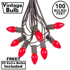 100 C7 String Light Set With Red Ceramic Bulbs On Brown Wire