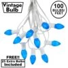 100 C7 String Light Set With Blue Ceramic Bulbs On White Wire