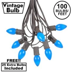 100 C7 String Light Set With Blue Ceramic Bulbs On Brown Wire