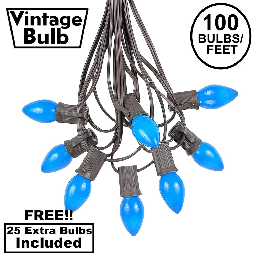 100 C7 String Light Set With Blue Ceramic Bulbs On Brown Wire 1 100 C7 String Light Set With Blue Ceramic Bulbs On Brown Wire