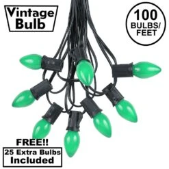 100 C7 String Light Set With Green Ceramic Bulbs On Black Wire