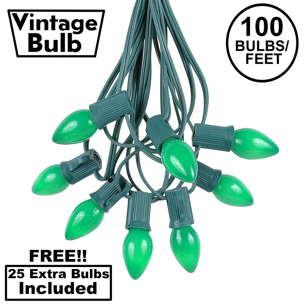 100 C7 String Light Set With Green Ceramic Bulbs On Green Wire 1 100 C7 String Light Set With Green Ceramic Bulbs On Green Wire