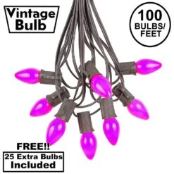 100 C7 String Light Set With Purple Ceramic Bulbs On Brown Wire
