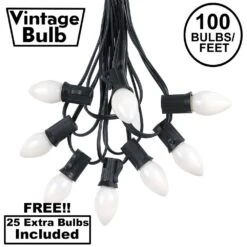 100 C7 String Light Set With White Ceramic Bulbs On Black Wire