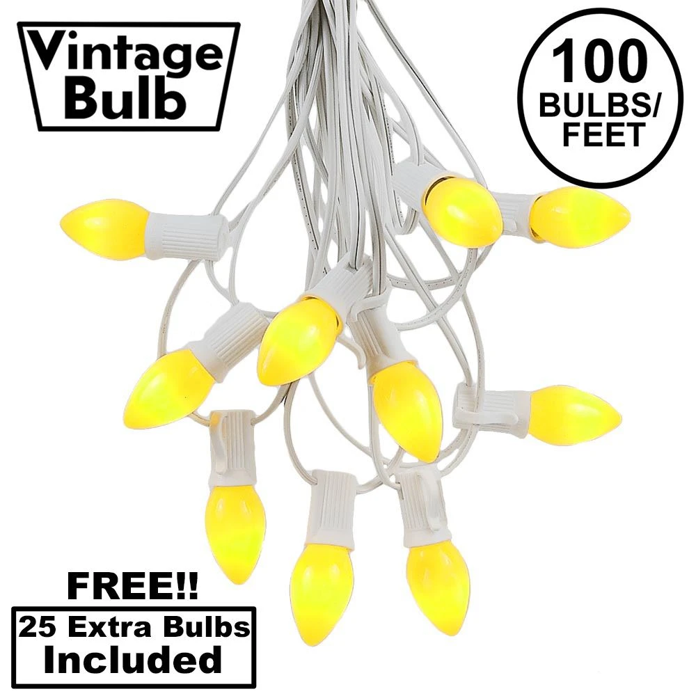 100 C7 String Light Set With Yellow Ceramic Bulbs On White Wire 1 100 C7 String Light Set With Yellow Ceramic Bulbs On White Wire