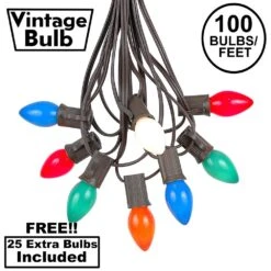 100 C7 String Light Set With Multi Colored Ceramic Bulbs On Brown Wire