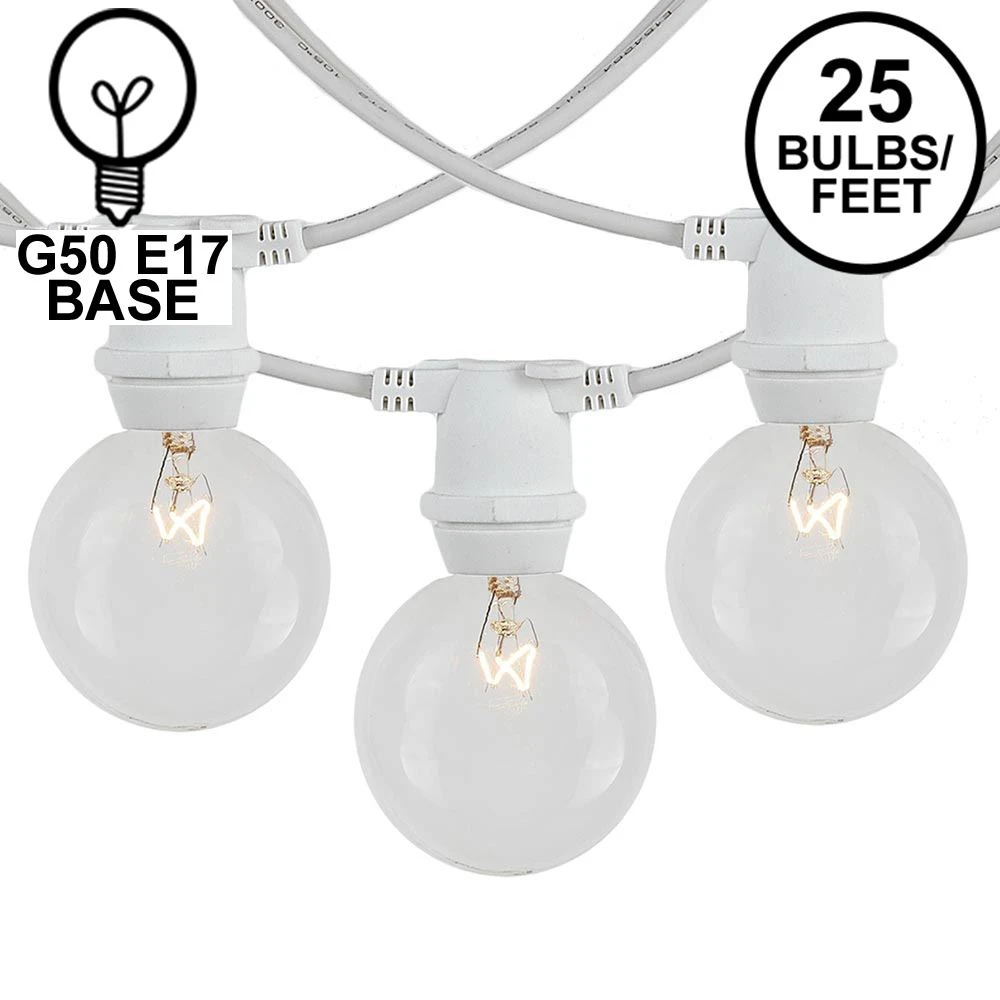 25 Clear G50 Commercial Grade Intermediate Base Light Set - White Wire 1 25 Clear G50 Commercial Grade Intermediate Base Light Set - White Wire