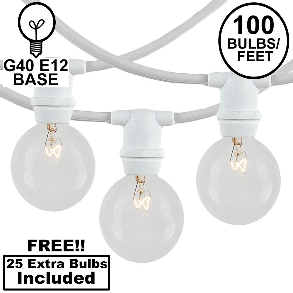 100 Clear G40 Commercial Grade Candelabra Base Light Set - White Wire 1 100 Clear G40 Commercial Grade Candelabra Base Light Set - White Wire