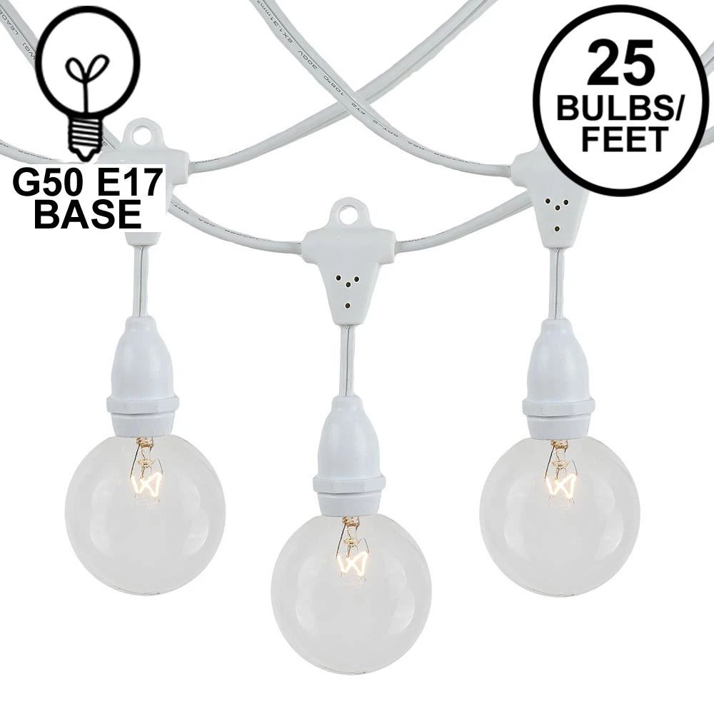25 Clear G50 Suspended Commercial Grade Intermediate Base Light Set - White Wire 1 25 Clear G50 Suspended Commercial Grade Intermediate Base Light Set - White Wire