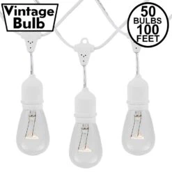 50 Clear S14 Commercial Grade Suspended Light String Set On 100' Of White Wire