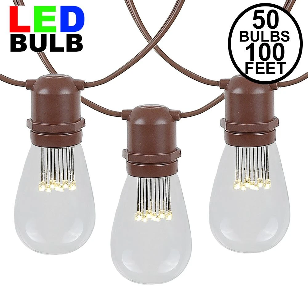 50 LED S14 Warm White Commercial Grade Light String Set On 100' Of Brown Wire 1 50 LED S14 Warm White Commercial Grade Light String Set On 100' Of Brown Wire