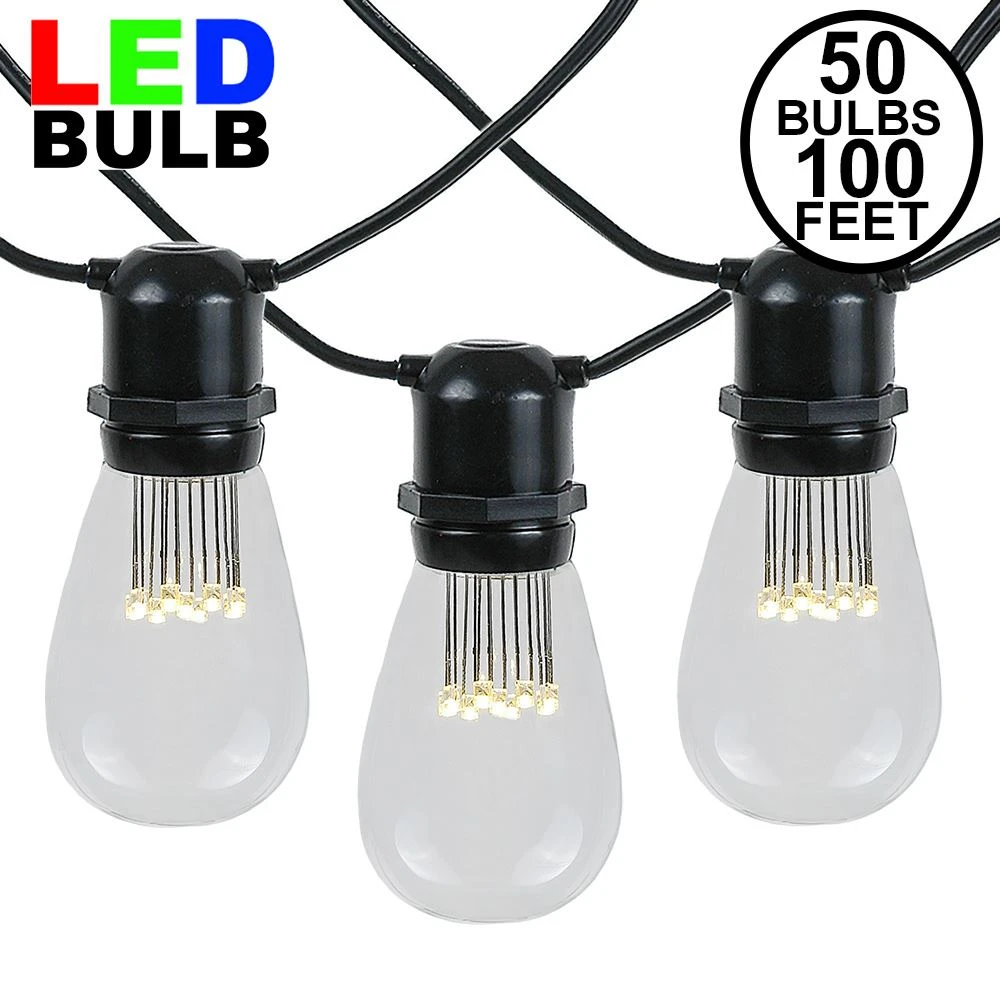 50 LED S14 Warm White Commercial Grade Light String Set On 100' Of Black Wire 1 50 LED S14 Warm White Commercial Grade Light String Set On 100' Of Black Wire