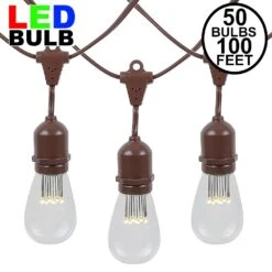 50 LED S14 Warm White Commercial Grade Suspended Light String Set On 100' Of Brown Wire
