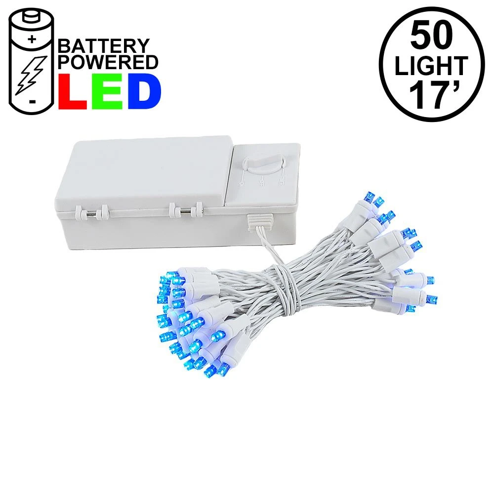 50 LED Battery Operated Lights Blue On White Wire 1 50 LED Battery Operated Lights Blue On White Wire