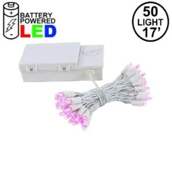 50 LED Battery Operated Lights Pink On White Wire